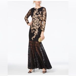 NWT Xscape Black gold embroidered Lace mermaid Maxi dress gown Size 6
